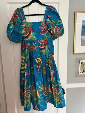 FARM Rio Turquoise Tropical Print Puff Sleeve Midi Dress